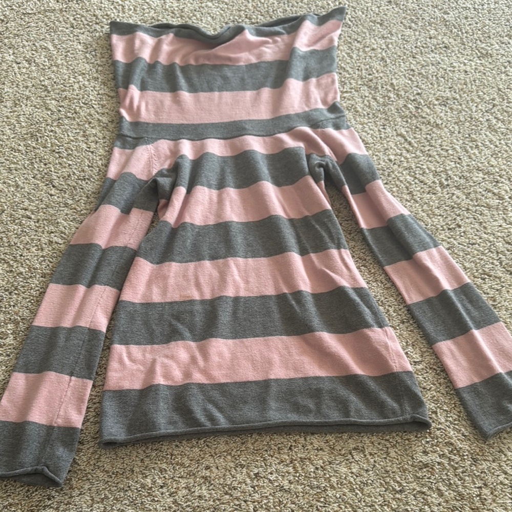 bebe Pink and Gray Cowl Neck/ off shoulder Sweater with Stripes - Picture 5 of 5